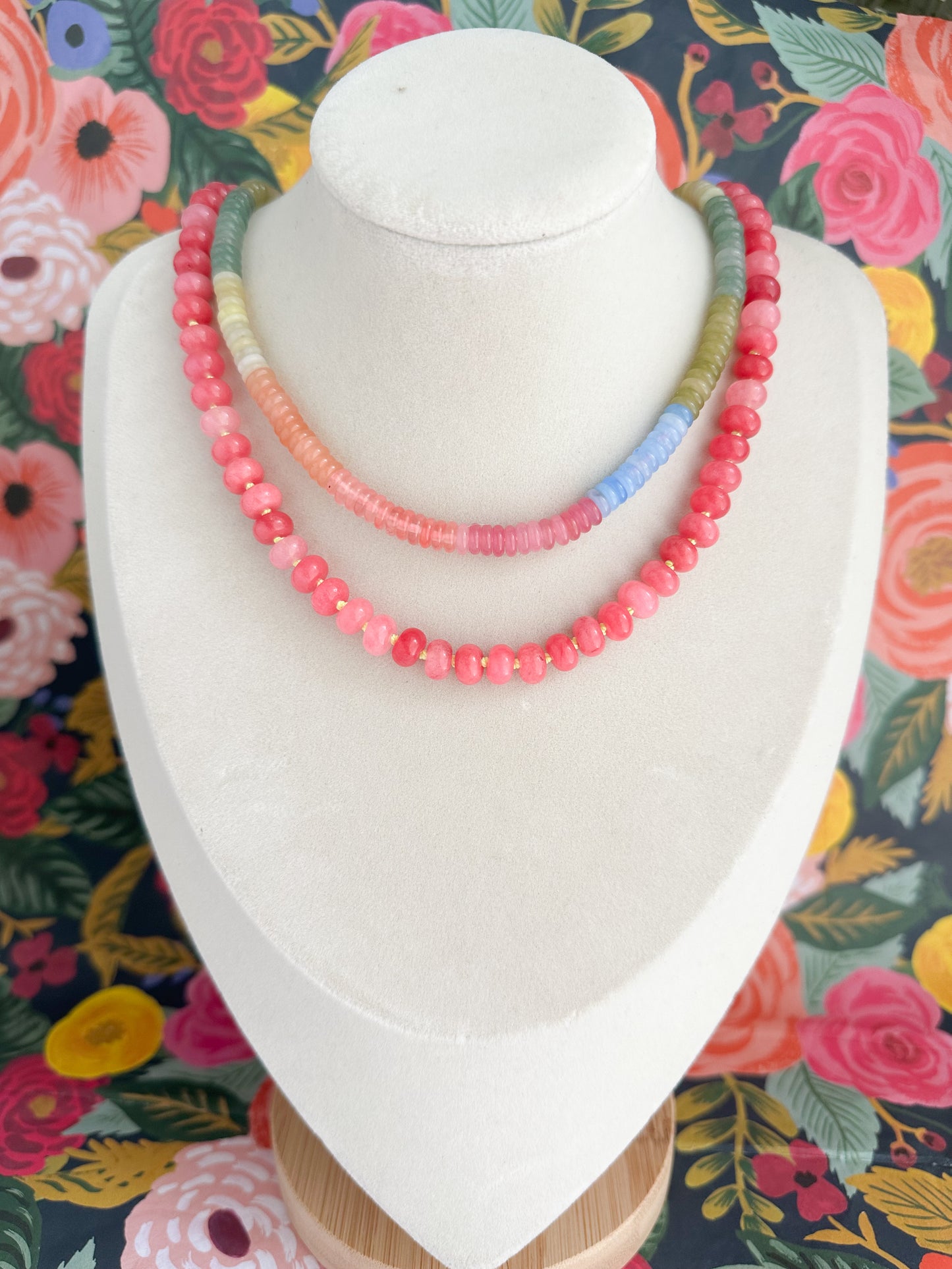 Orchid Pink Jade Necklace layered with the Isla Necklace. Both necklace feature colored jade beads.