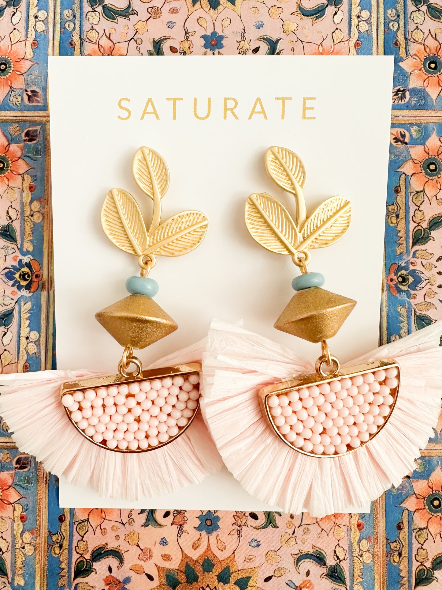 Gold and Pink Beaded Tassel Earrings-Uma