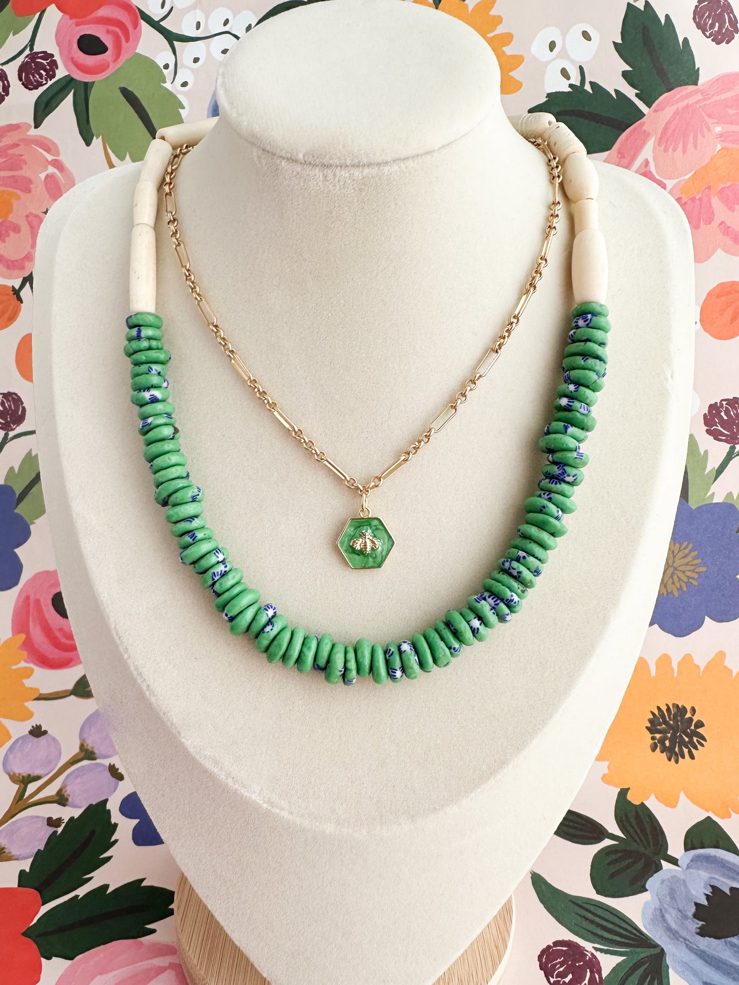 Green Bee Charm Necklace- Kady