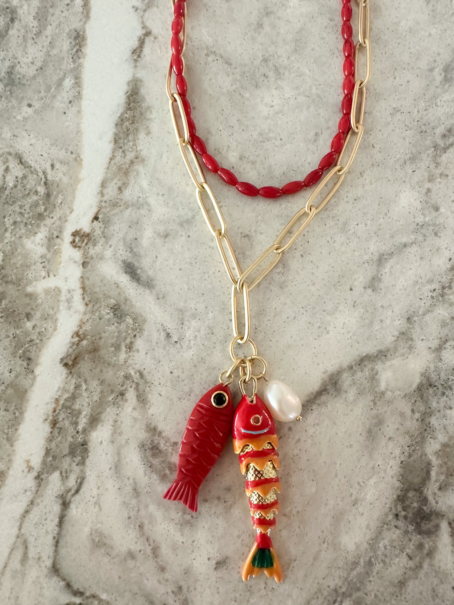 Tatum-Gold Necklace with Fish & Pearl Charm