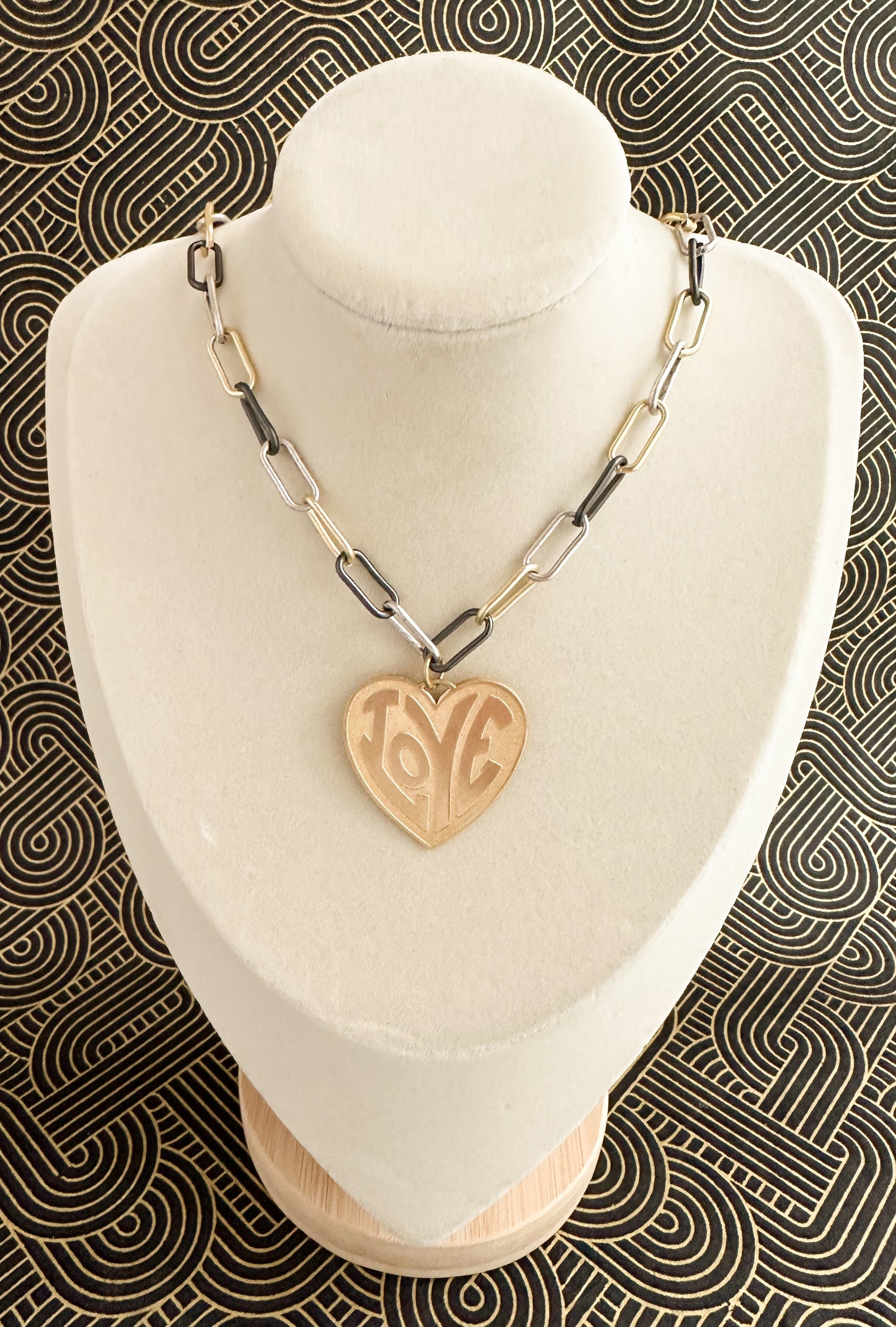 Multi-Color Paper Clip Chain Necklace with Gold Modern Heart Pendant.