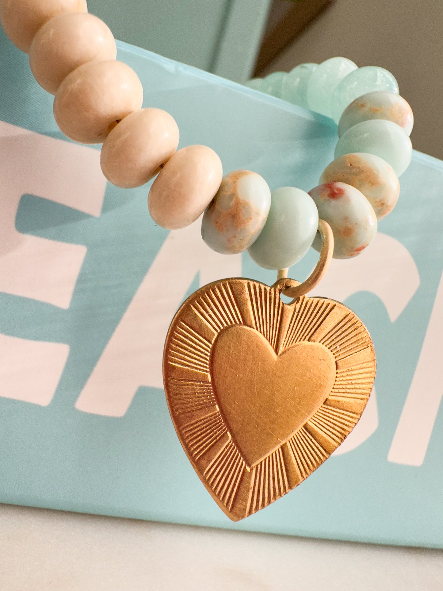 Aqua and Cream Jade Necklace with Vintage Heart Charm-Piper
