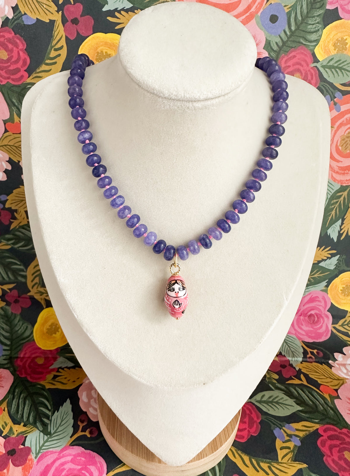 Chelsea-Silk Knotted Jade Necklace with Russian Doll Pendant