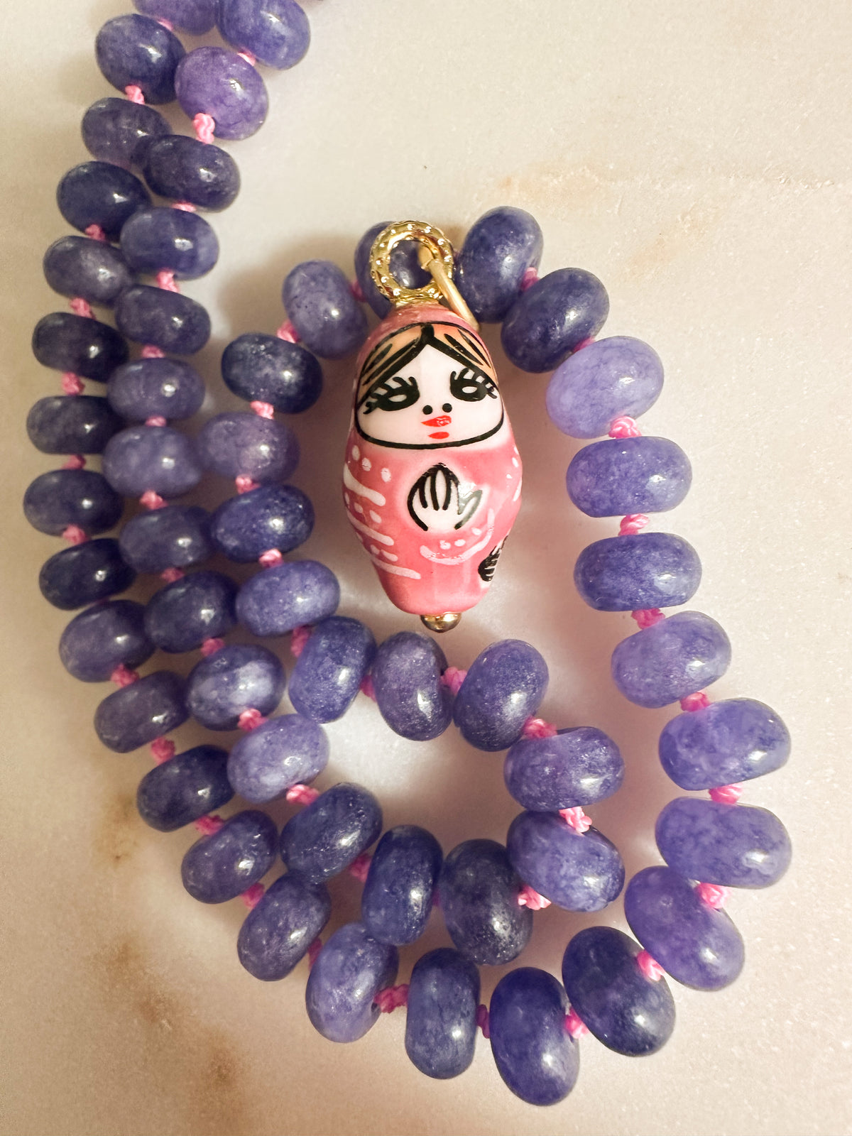 Chelsea-Silk Knotted Jade Necklace with Russian Doll Pendant
