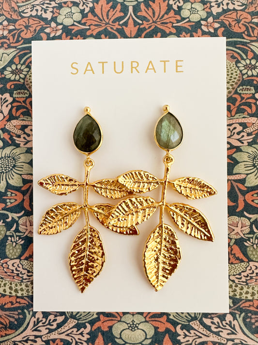 Labradorite Gold Leaf Earrings- Sage