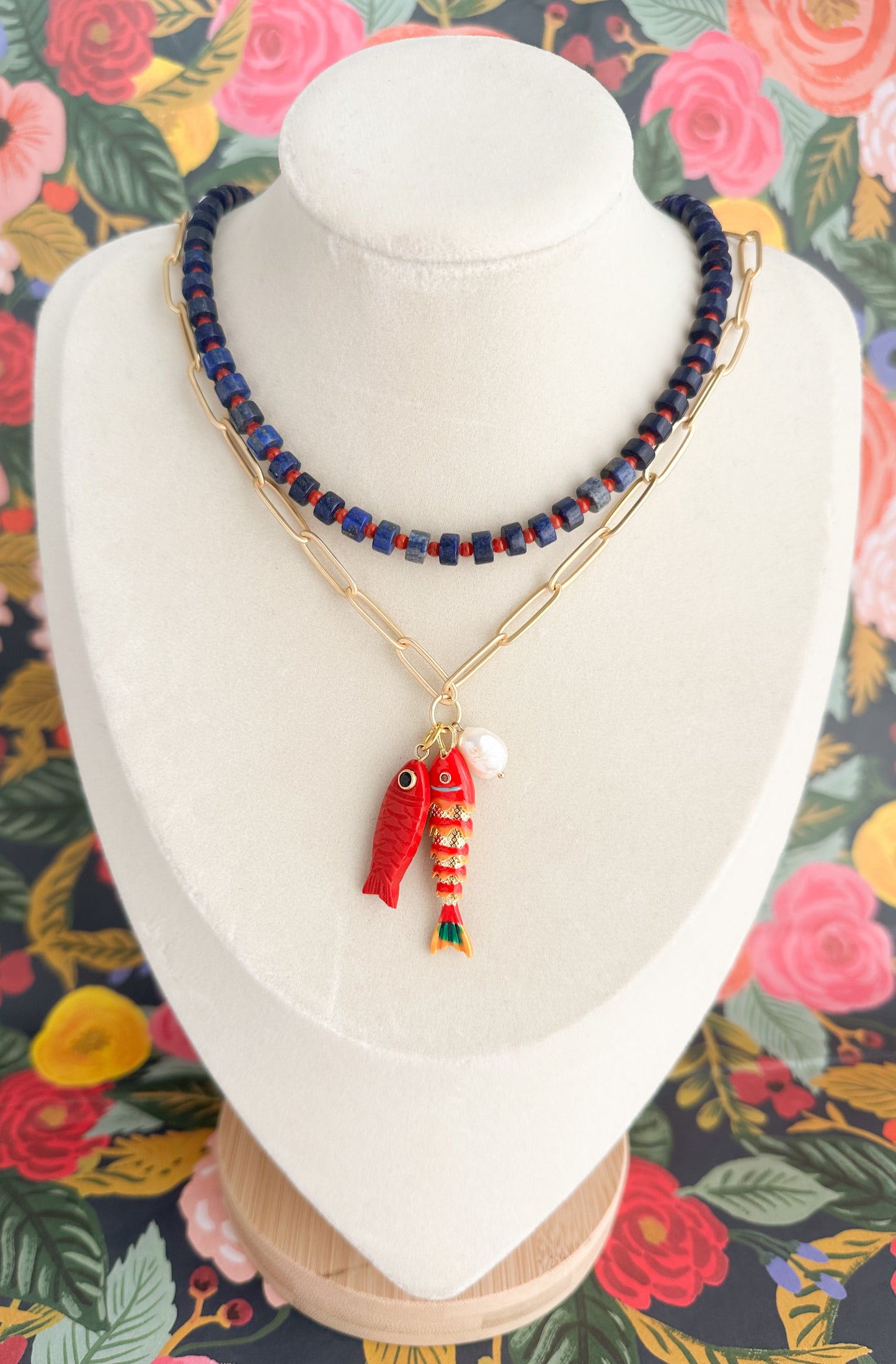 Tatum-Gold Necklace with Fish & Pearl Charm