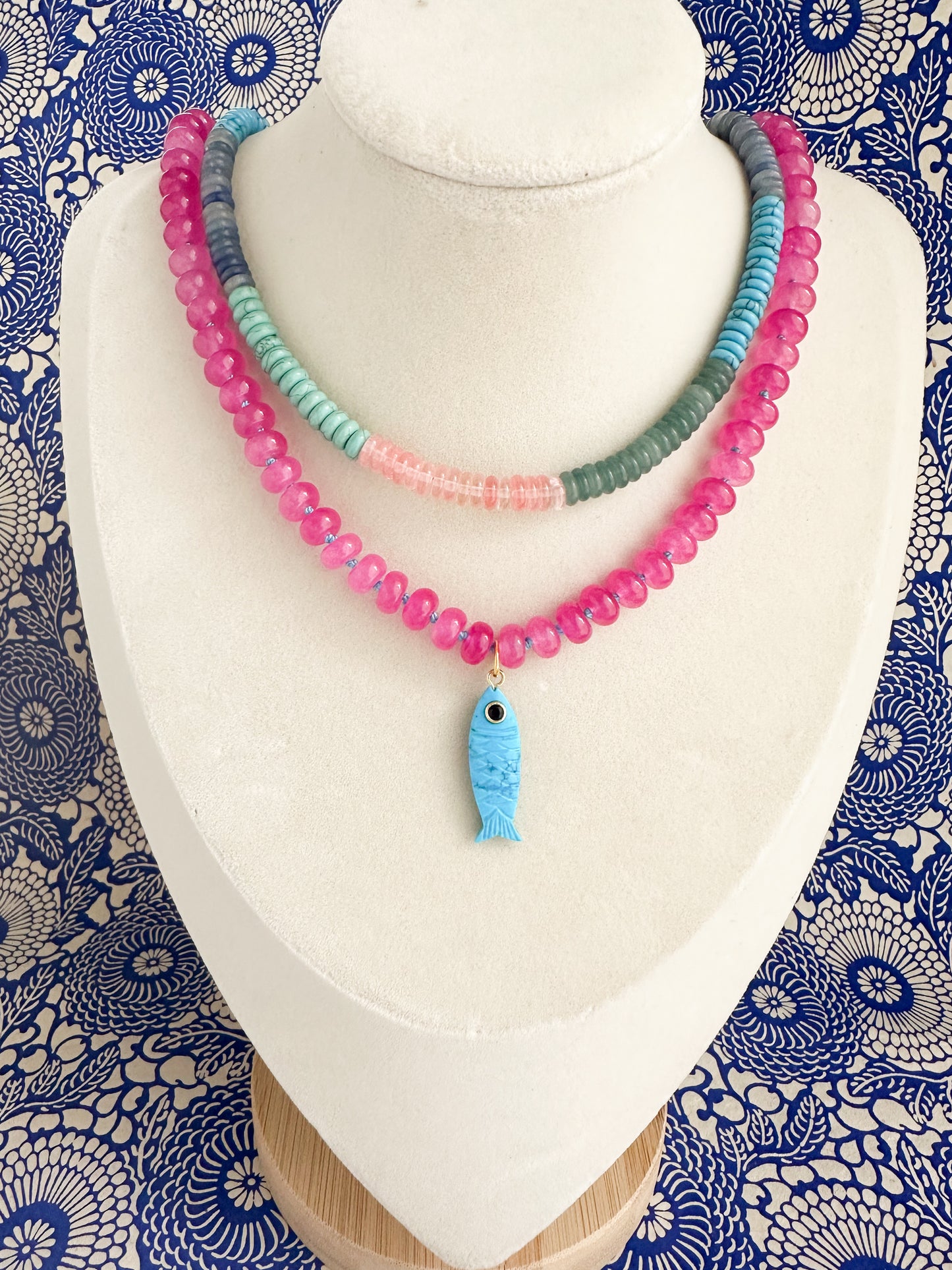 Azure Fuchsia Silk-Knotted Necklace with Turquoise Fish Pendant