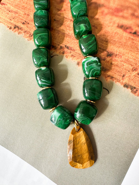 Riley-Green Chunky Necklace with Gemstone Pendant