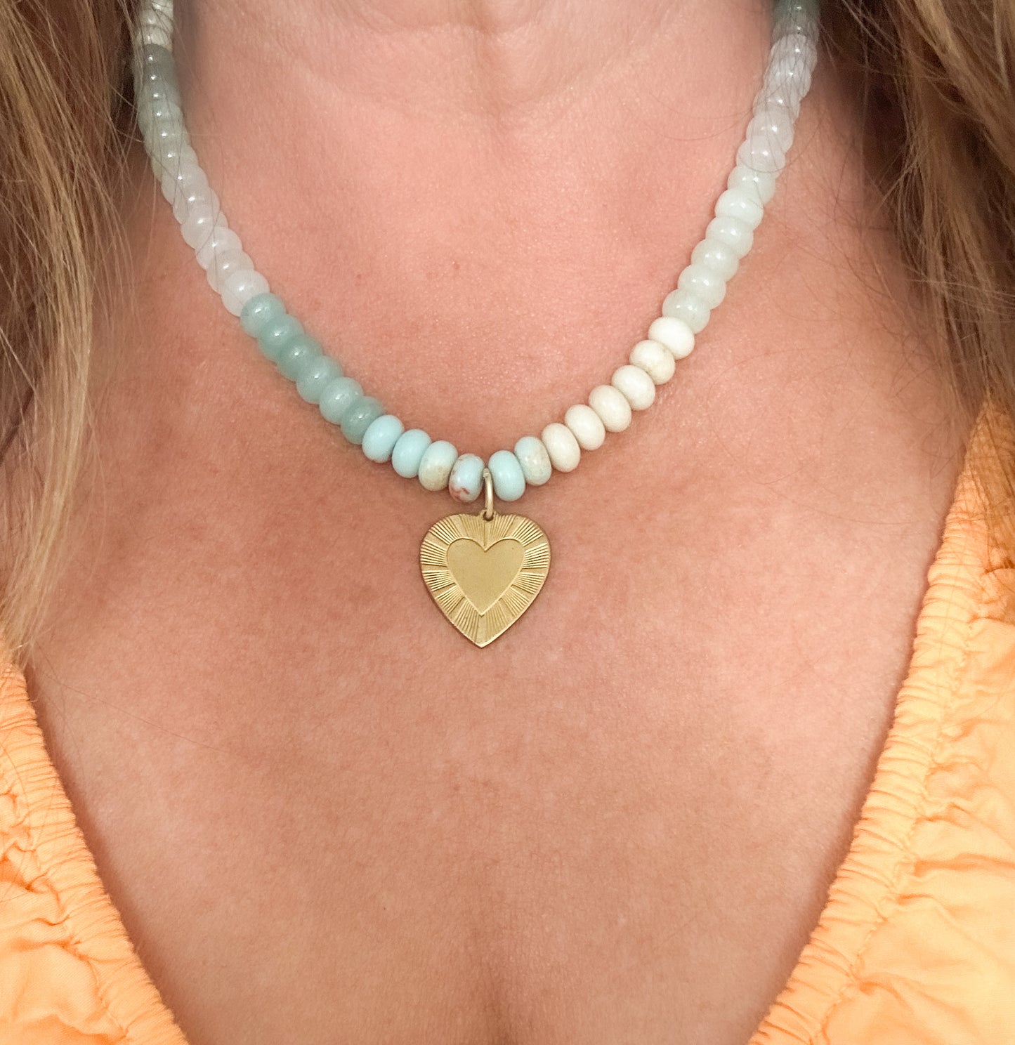 Aqua and Cream Jade Necklace with Vintage Heart Charm-Piper