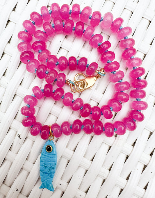 Azure Fuchsia Silk-Knotted Necklace with Turquoise Fish Pendant
