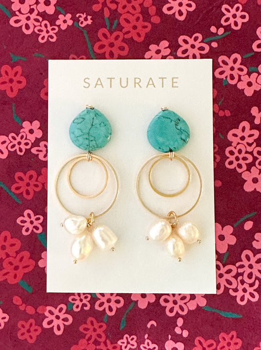 Turquoise Earrings with Pearl Charms-Sawyer