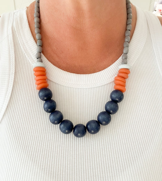 Navy and Orange Beaded Necklace-Liv
