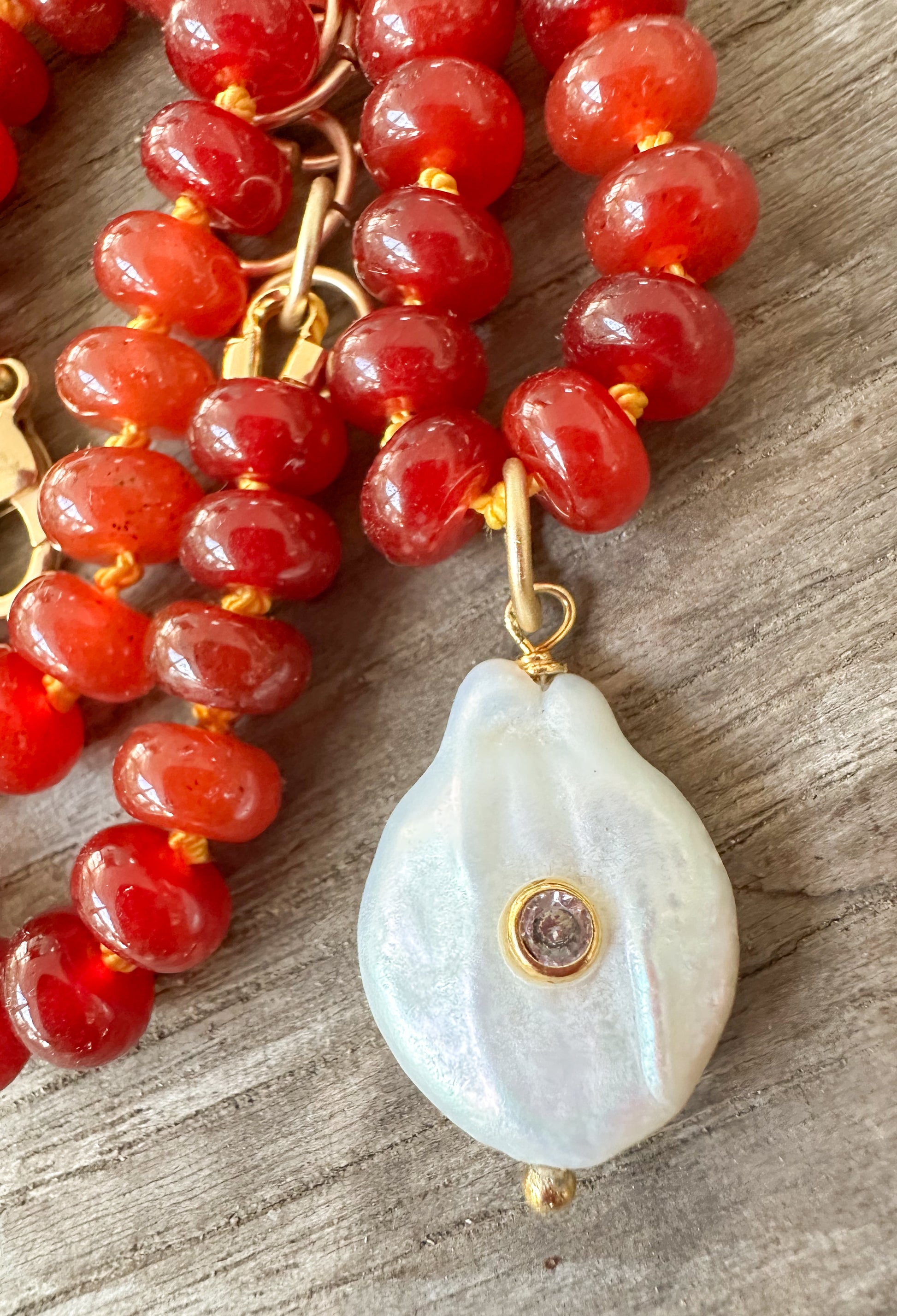 Close up of the Suzanne Necklace featuring freshwater pearl pendant.