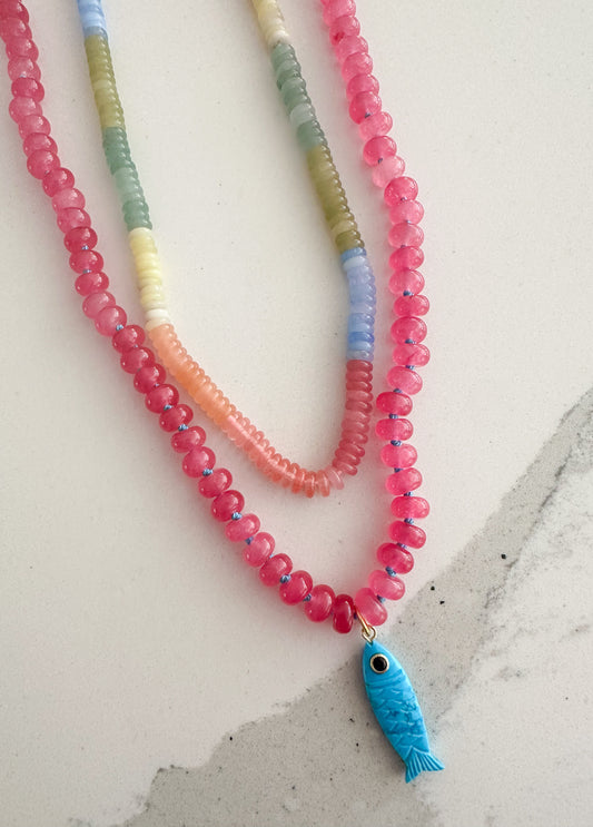 Azure-Fuchsia Silk-Knotted Necklace with Turquoise Fish Pendant