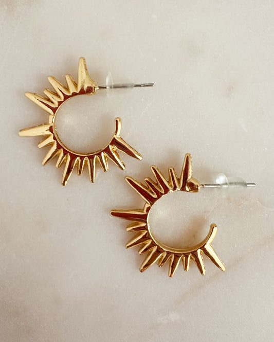 Gold plated summer Sunburst hoop earrings with a lightweight open sunburst design.