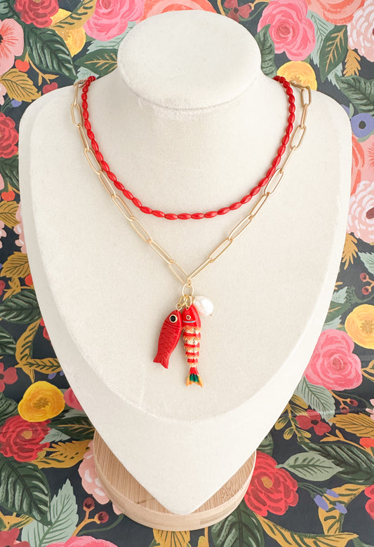 Tatum-Gold Necklace with Fish & Pearl Charm