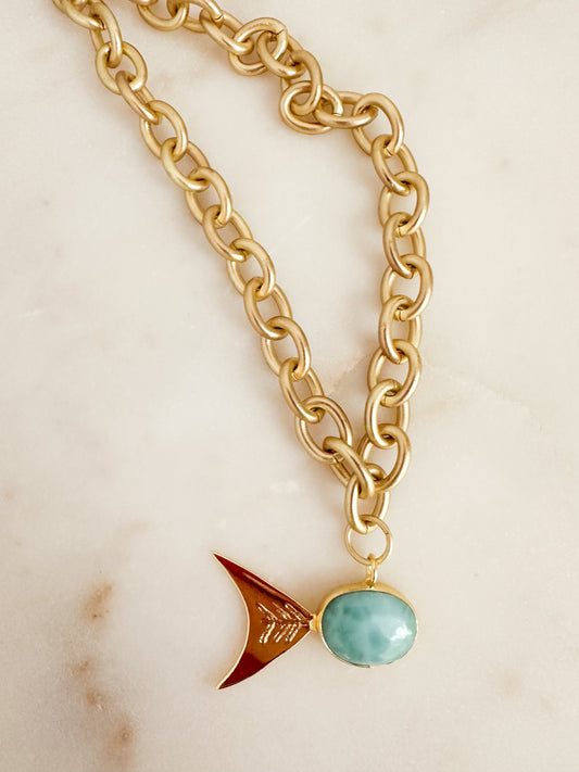 Siena Necklace with a natural blue larimar gemstone and colorful fish pendant.