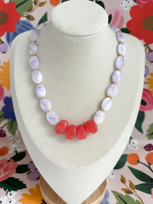 Seraphina necklace with lavender jade beads and coral gemstone accents.