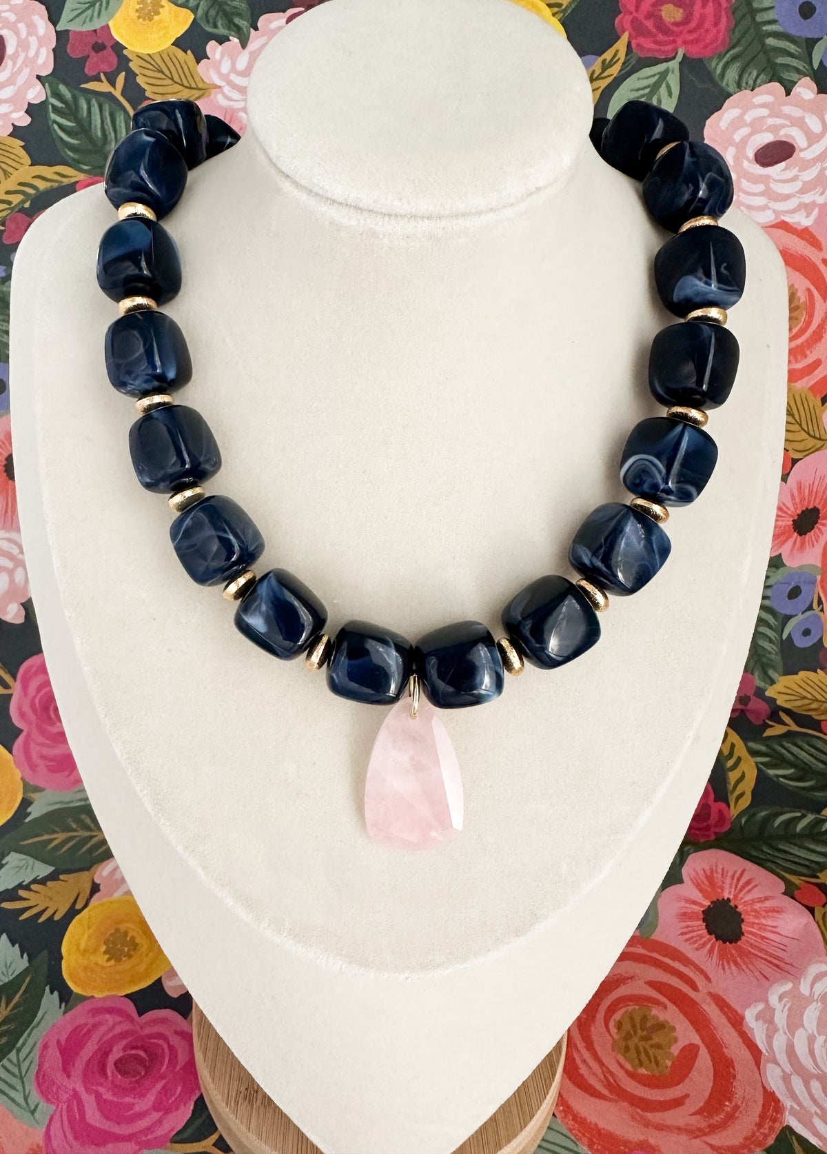 Kady-Navy Resin Necklace with Rose Quartz