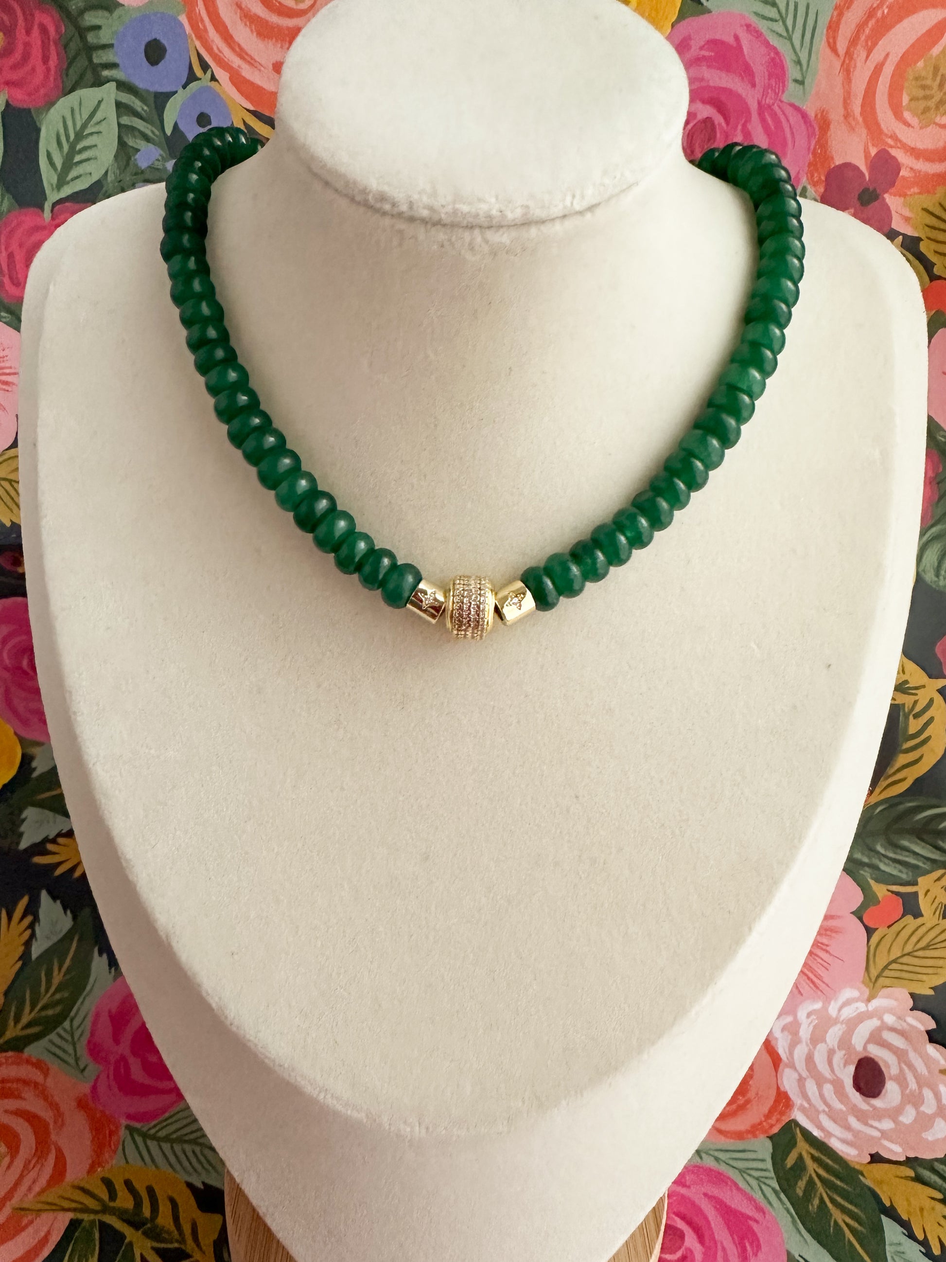 Green Jade Necklace with Gold Barrels