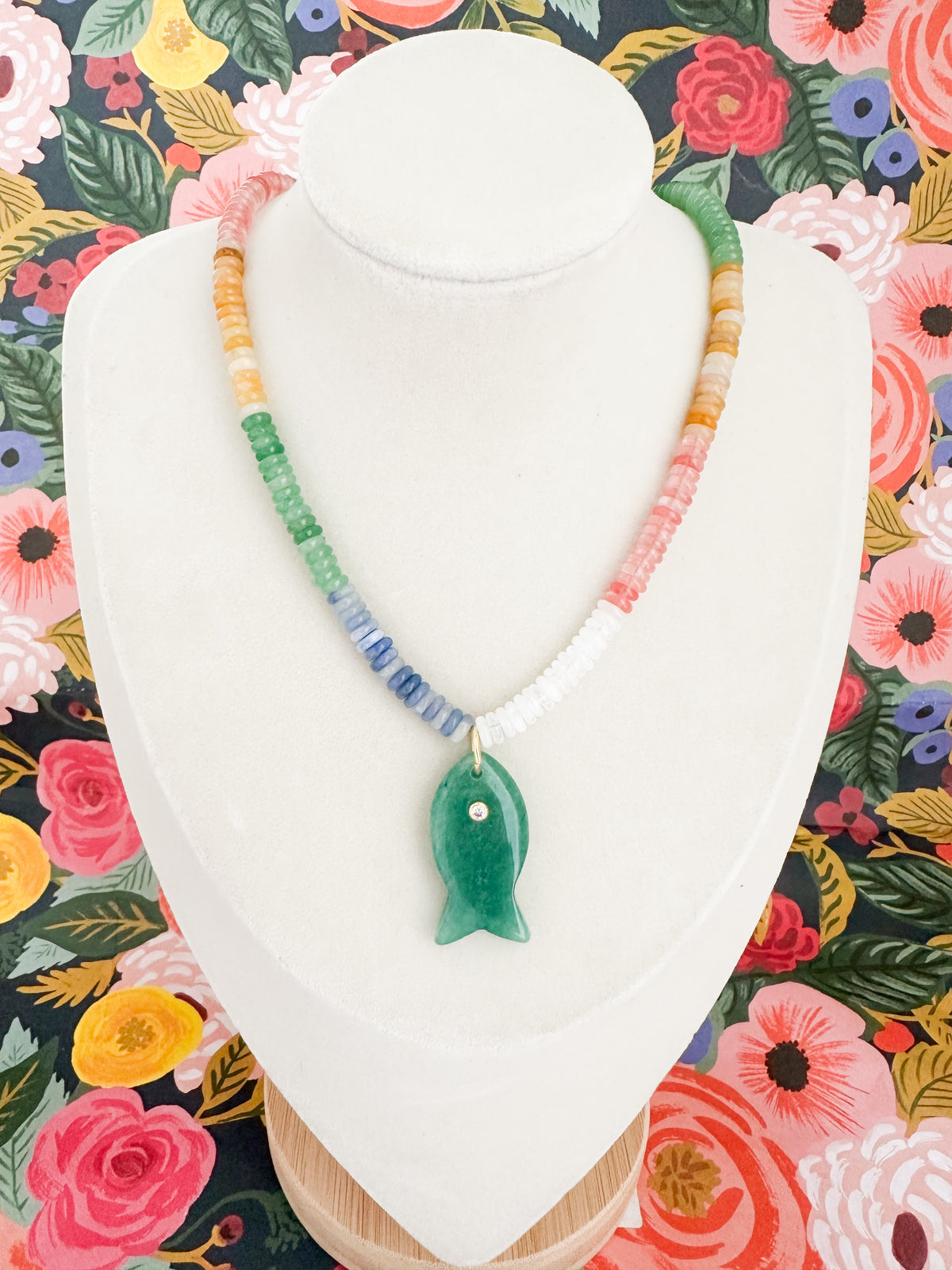 Margot-Multi Color Gemstone Necklace with Large Aventurine Fish Pendant