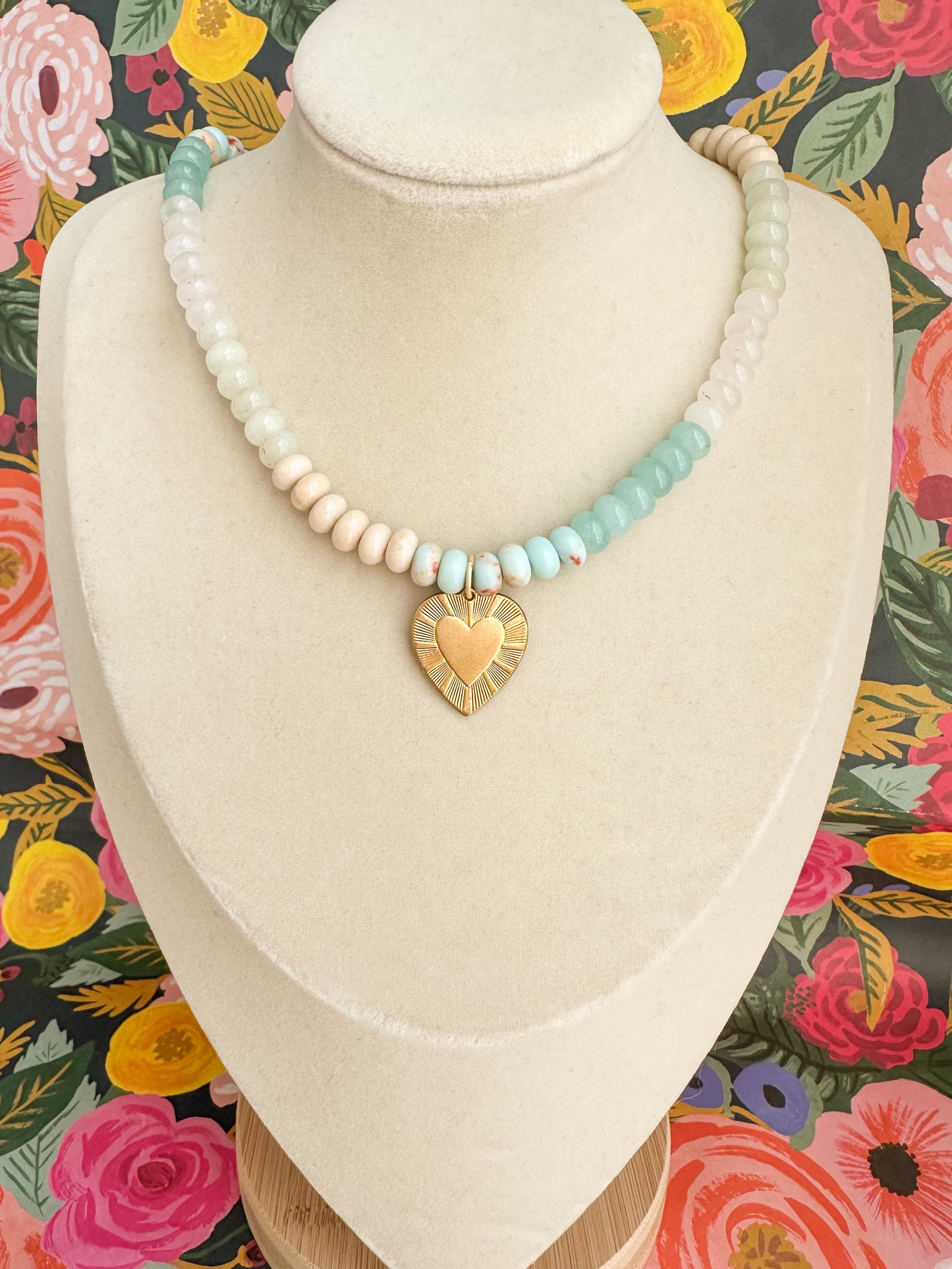 Aqua and Cream Jade Necklace with Vintage Heart Charm-Piper