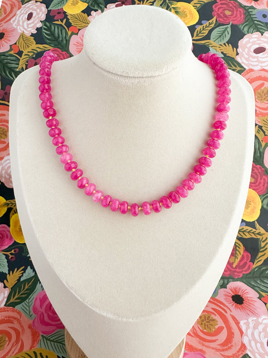 The Fia is a Boho Style Fuchsia Beaded Necklace Silk-Knotted with Neon Yellow. 