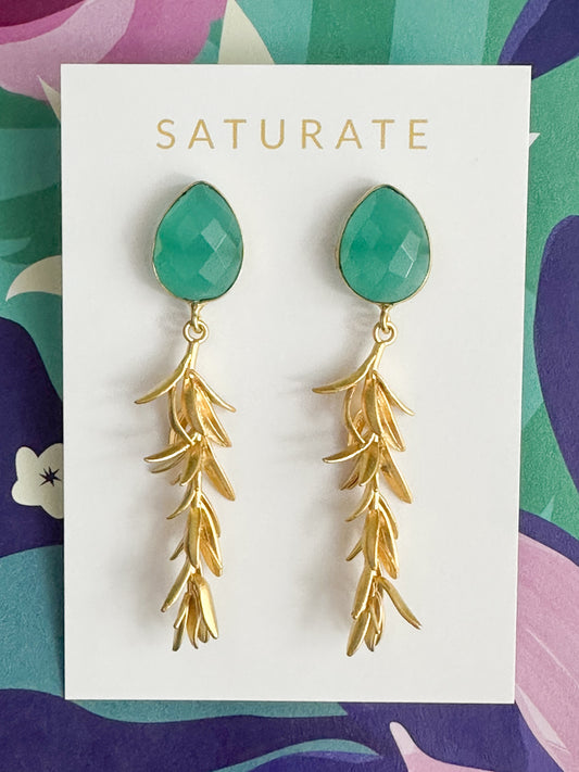 Sea Green and Gold dangle earrings with textured leaf-like drops and faceted teardrop-shaped aqua chalcedony.
