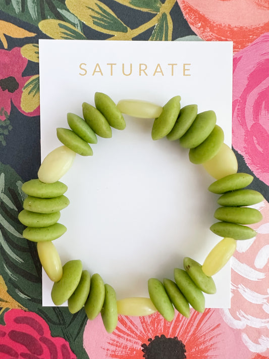 Boho Lime Green Saucer Bracelet with Honey Jade Gemstones. 