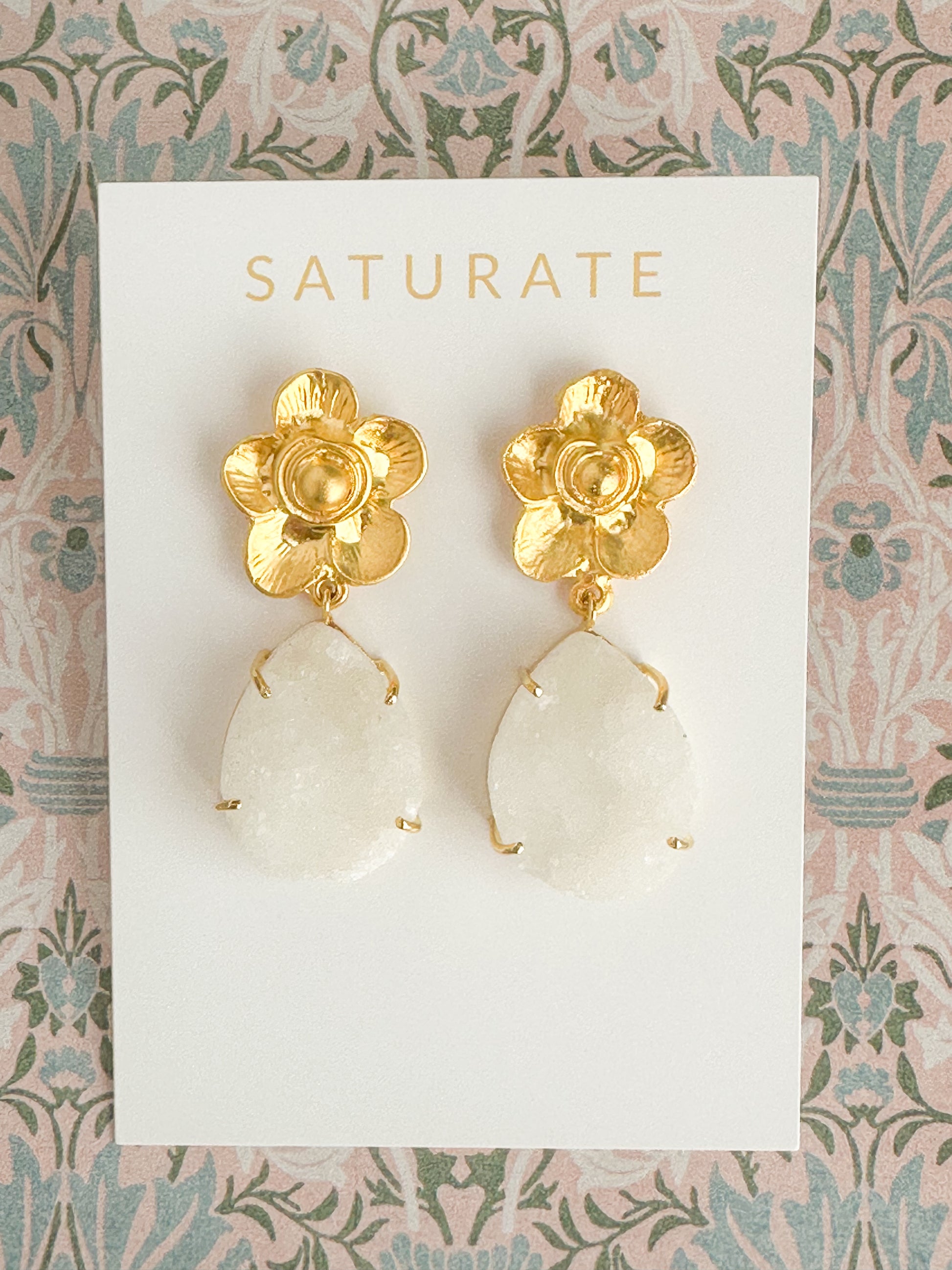 Luxe Gold Flower Earrings with Druzy Quartz Teardrops