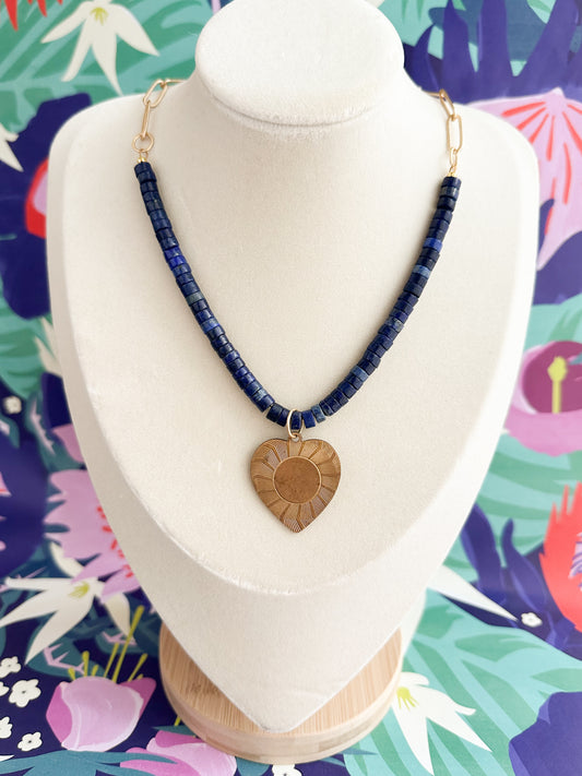 Lapis Lazuli Gemstone Necklace with Oversized Vintage Gold Heart Charm.