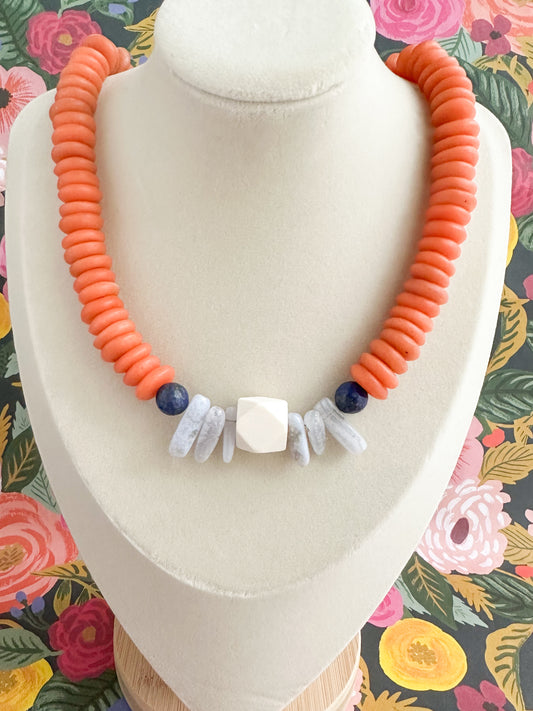 Handmade Beaded Orange and Navy Saucer Necklace 