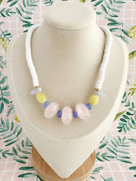 Boho handmade necklace with pink and blue quartz.