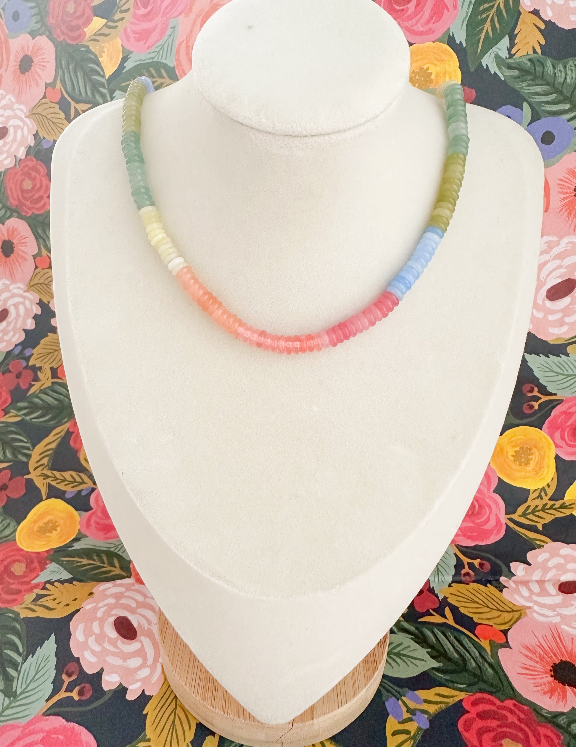 Handcrafted Isla Necklace featuring multicolor semi precious gemstone beads with an 18K gold plated clasp.